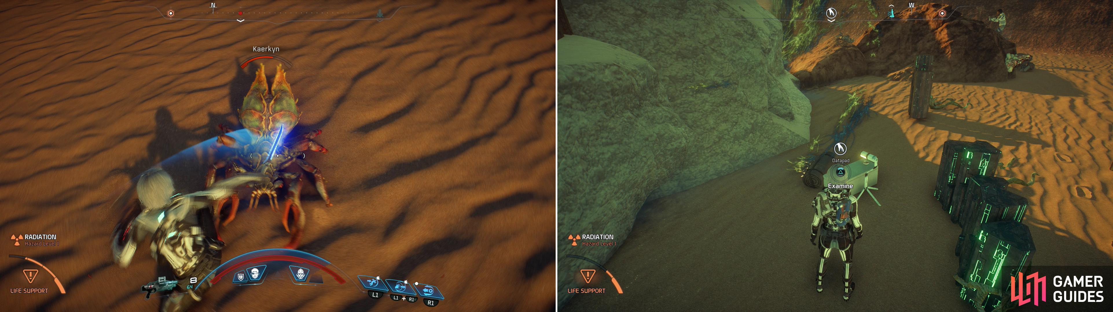 Killing Kaerkyns in the wilderness of Eos can prove quite lucrative (left). Finding Datapads at random Remnant sites will start the quest Task: The Ghost of Promise (right).