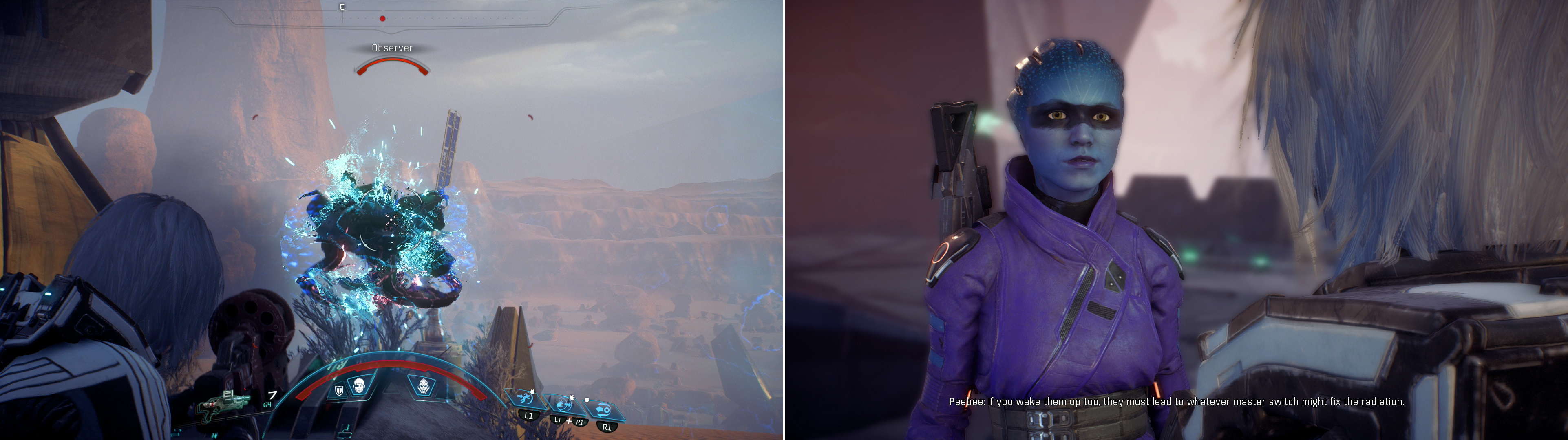 Dispatch the Remnant who contest your tampering with the Remnant monolith (left) after which continue chatting with Peebee to learn more baout these alien machines (right).