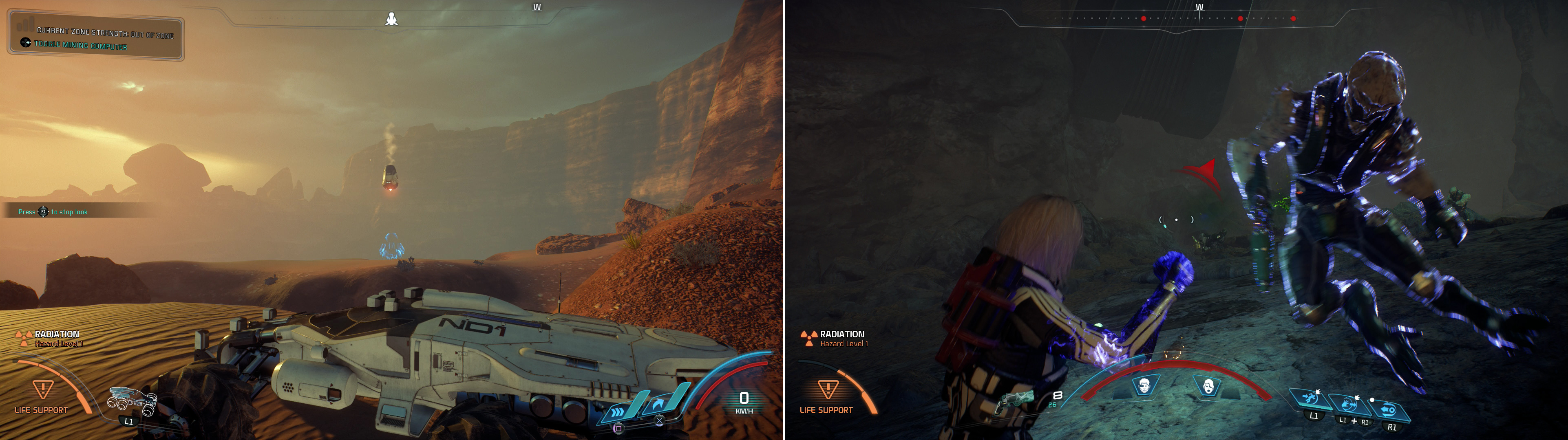 Near the second monolith youll find another Forward Station (left), near which is a cave filled with Kett (right).