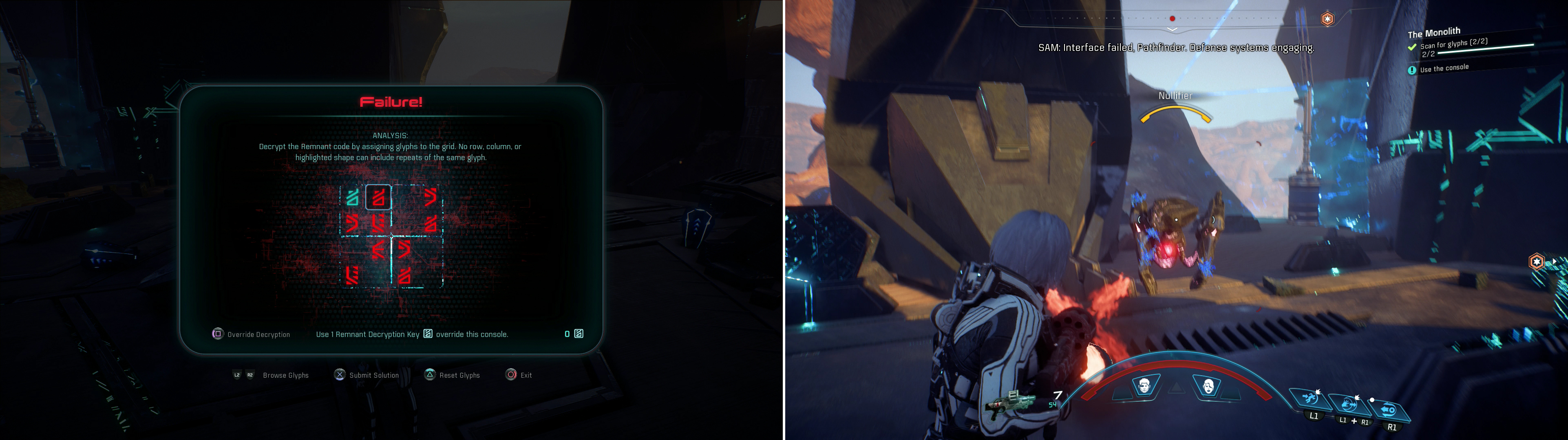 Entering the incorrect combination of glyphs (left) will spawn more Remnant for you to fight (right).