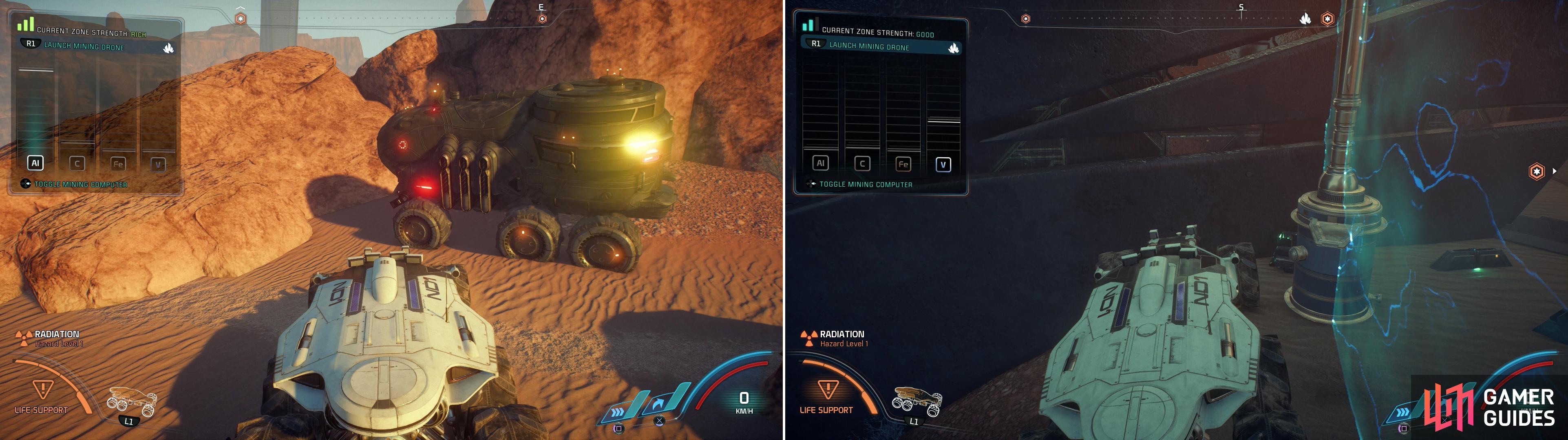 Near the second monolith youll find a Mining Zone, which you can exploit for minerals (left). Be aware that while high amounts of common minerals might be easier to find, rare nodes are often more picky (right).