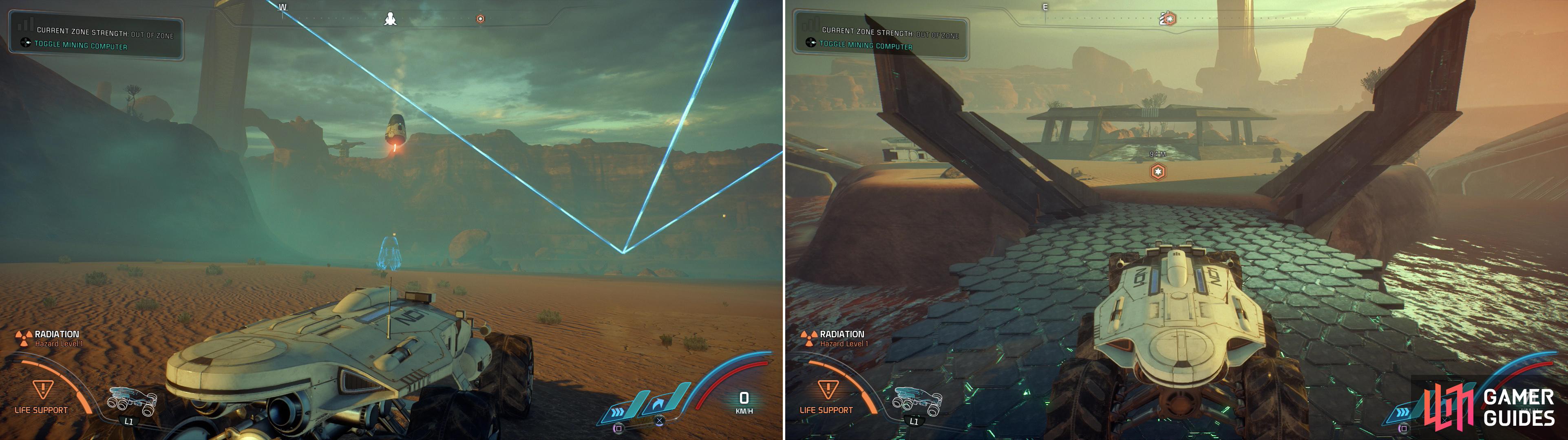 Deploy a Forward Station in The Golden Wastes below the Kett base (left) then drive to where the monoliths indicate the Remnant control center is (right).