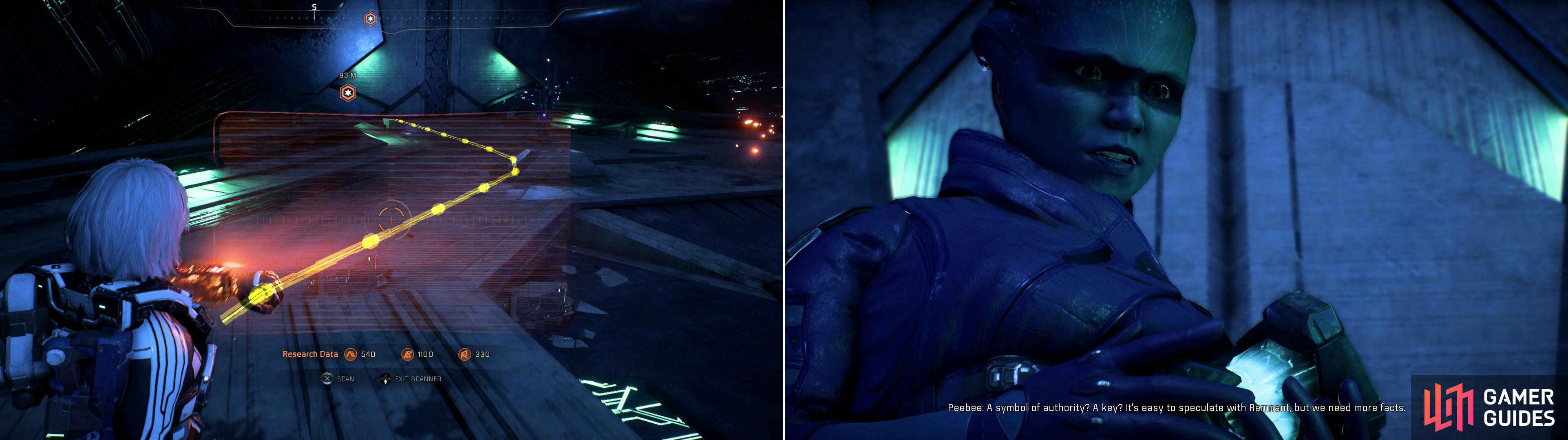 Throughout much of the vault a conduit will serve as a guide (left). Shortly into the vault Peebee will find a Remnant Data Core, the object of her long-running obsession and the quest "Remnant Data Cores" (right).