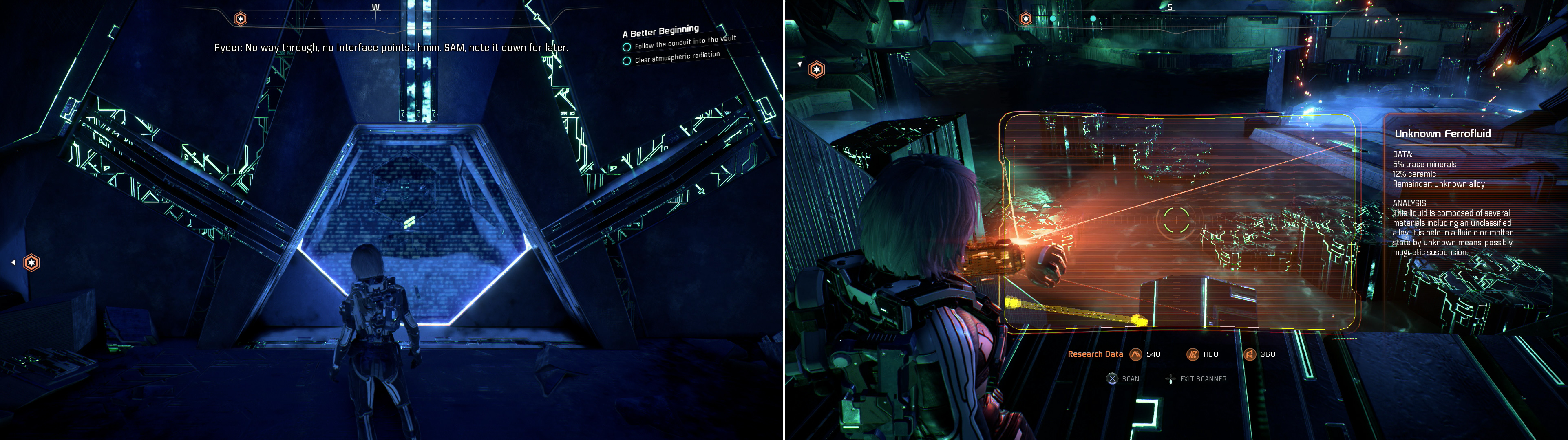 Note an energy barrier, behind which loot hides (left) which youll need to return to later. All you need to know about the Unknown Ferrofluid in the vault is that you dont want to fall into it (right).