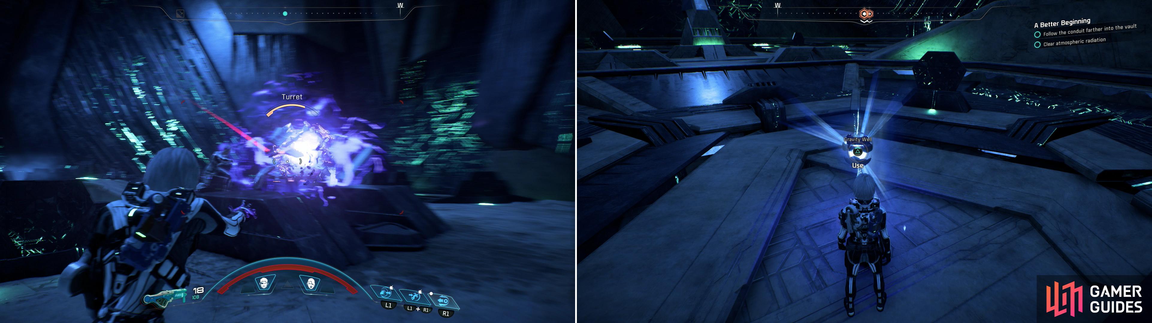 Dispatch the Remnant, including a Turret which guards a Remnant Console (left) then activate said console to summon a second Gravity Well (right).