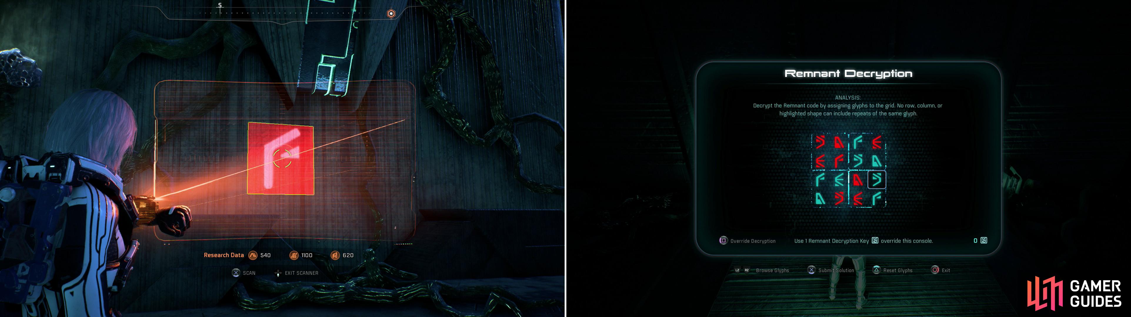 In an optional area you'll find some glyphs you can scan (left) which will help you solve a Remnant puzzle (right) and open a lucrative container.