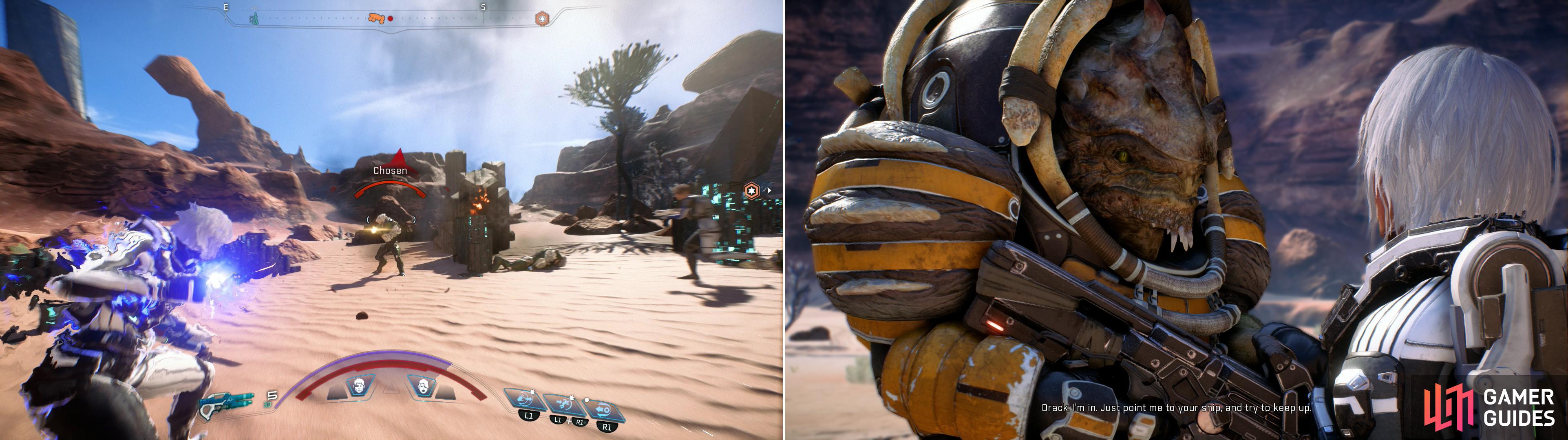 Kill the Kett near the outpost site (left), after which Drack will join your team (right).