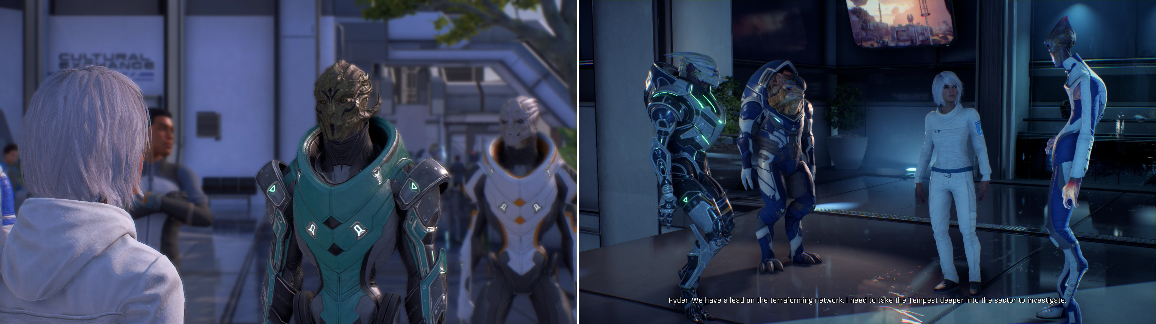 Youll be warmly welcomed by eager colonists back on the Nexus (left). Be sure to meet with the Nexus leaders and tell them about what you found on Eos (right).