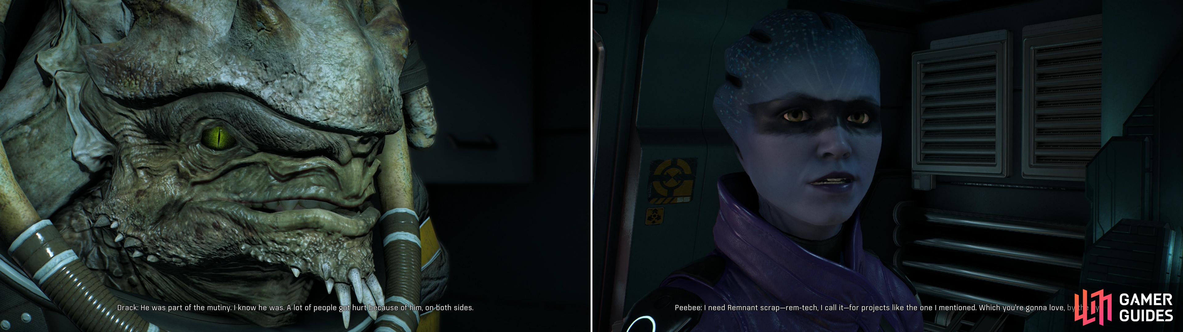 Chat with Drack (left) and Peebee (right) on the Tempest to learn more about your new crewmembers and perhaps start up a new quest.