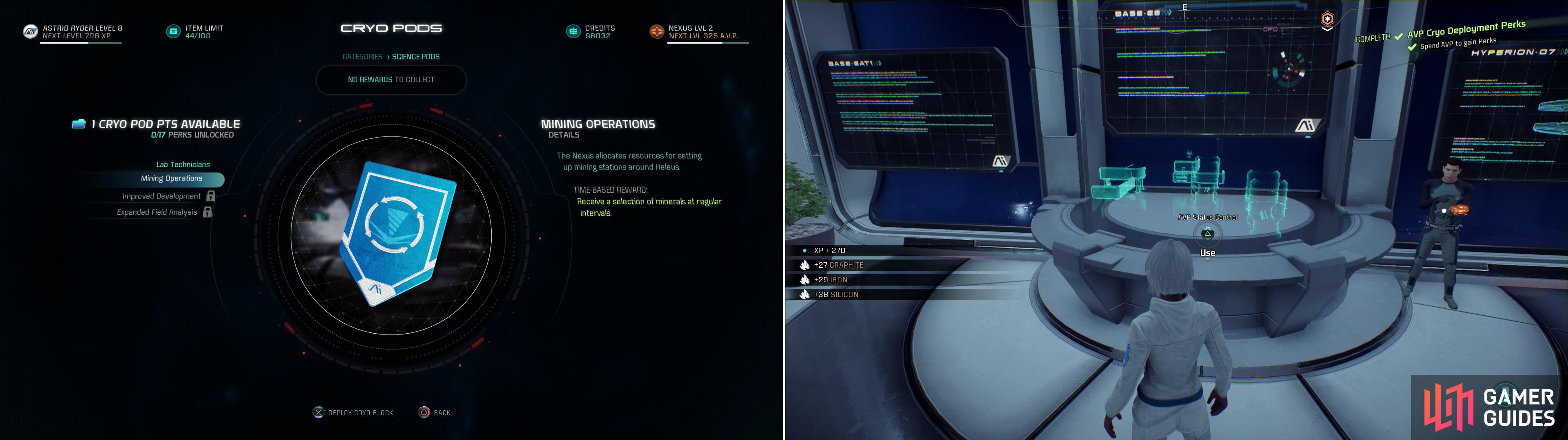 In the Cryo Pod menu you'll be able to spend your accumulated AVP perks (left) to unlock a variety of rewards (right).