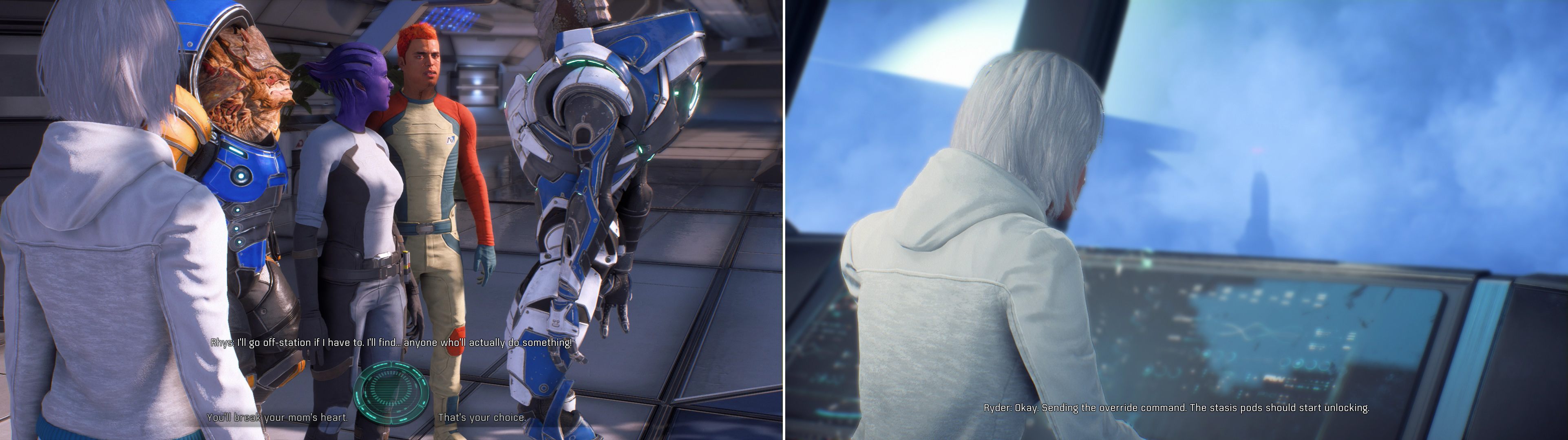If you side against the angry colonists, shame them into staying or let them leave (left). On the other hand, if you pull their relatives out of cryo, theyll naturally be much happier (right).