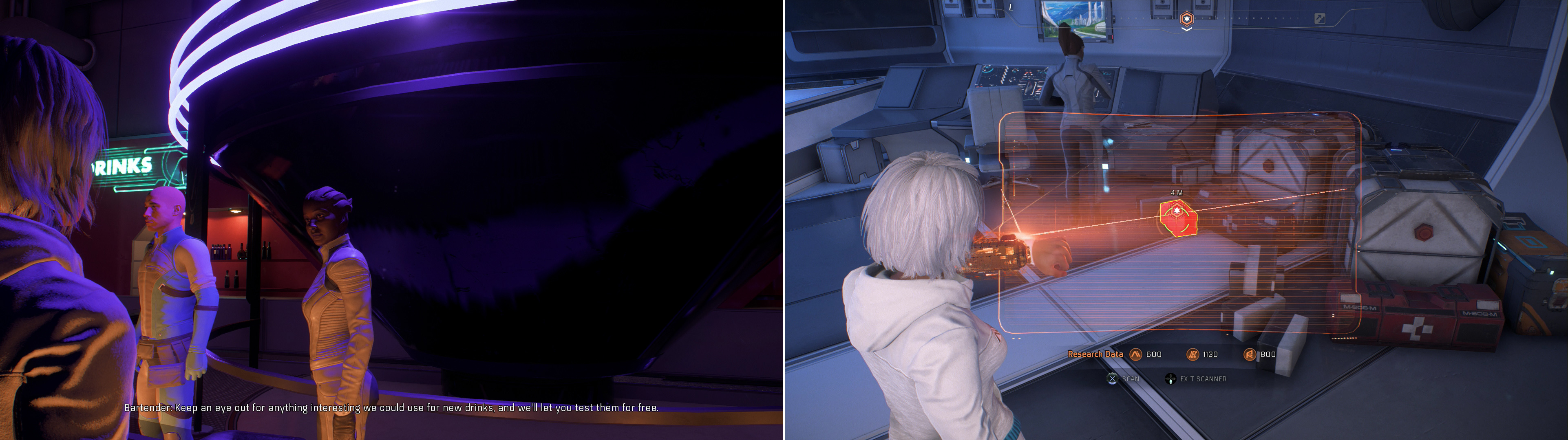 Talk to the Bartender in the Vortex to start the quest "Task: Better Crafting" (left), then find the ingredients she's looking for in the Hyperion (right).
