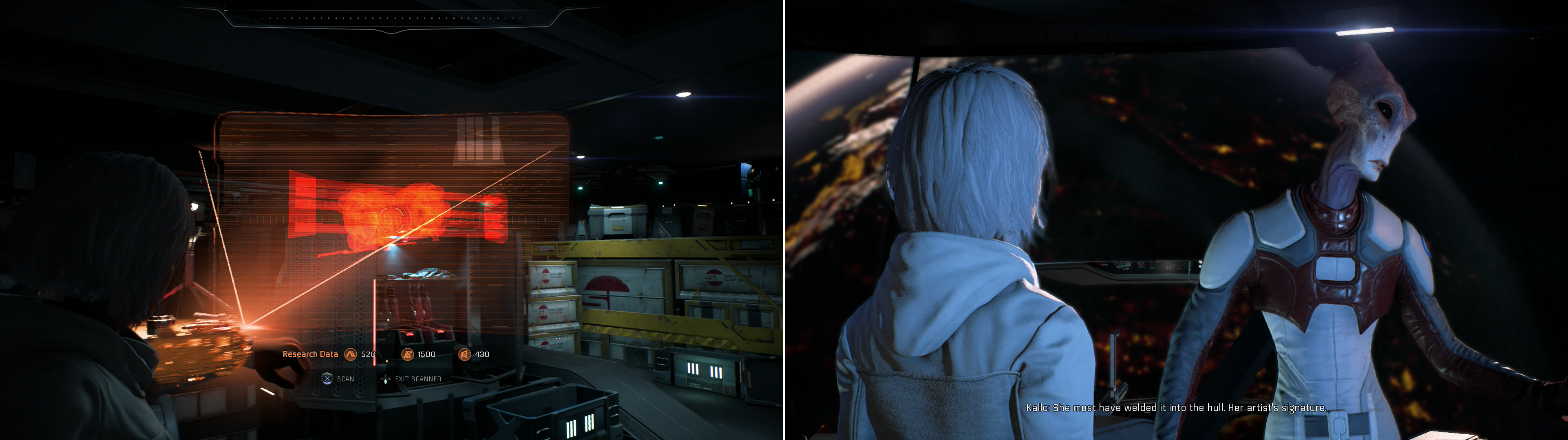 Scan an anomaly in the Armory (left) after which Kallo will explain the stowaway device (right).