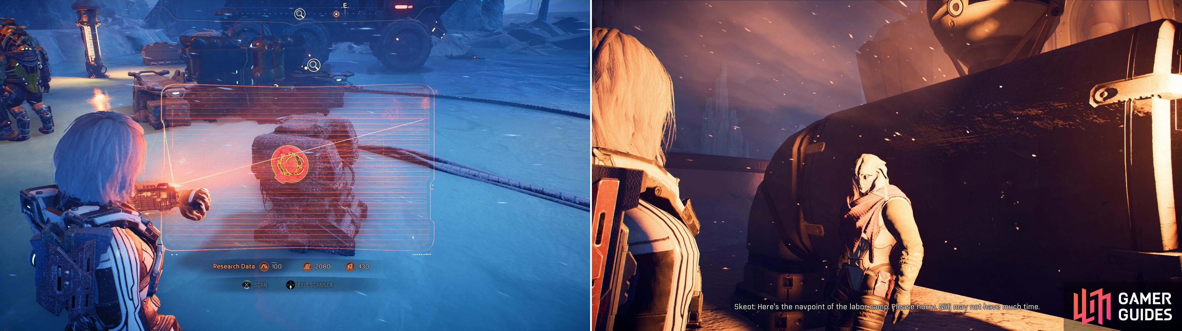 A variety of quest-related objects may randomly spawn at Kett camps on Voeld, like this Angaran Bug (left). Drive to Hjara Station and talk to Skeot to start the quest "Stage a Rescue" (right).