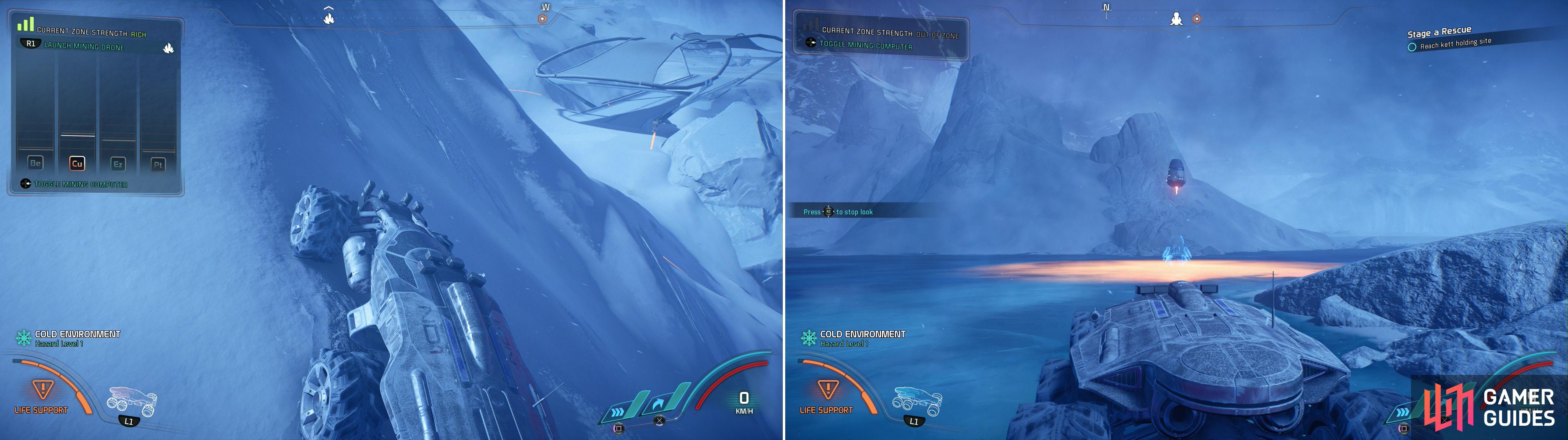 If youre willing to drive… creatively… you can find more rare minerals at a Mining Zone past a bridge (left). Drive onto a frozen lake to deploy another Forward Station (right).