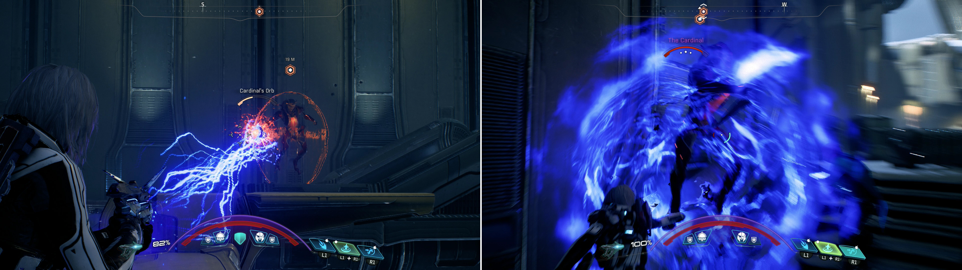Attack the Cardinal's Orb (left) from a distance to bring down her barrier, then close in and deal as much damage as you can while she's vulnerable (right).