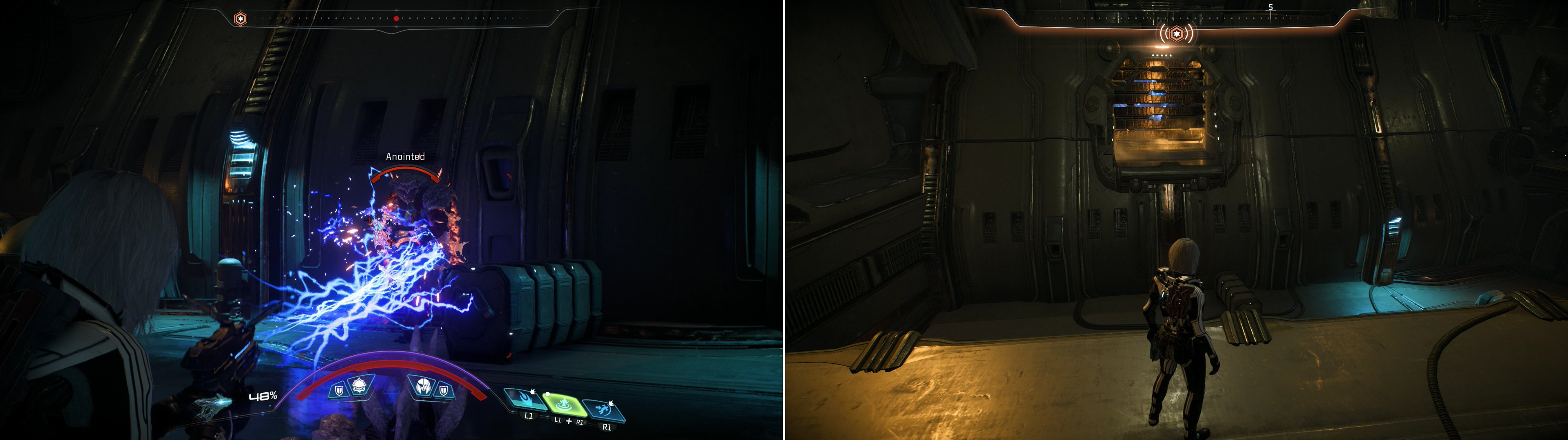After spying on the Cardinal, kill some Kett in a corridor (left) then spot an elevated vent which will take you deeper into the complex (right).