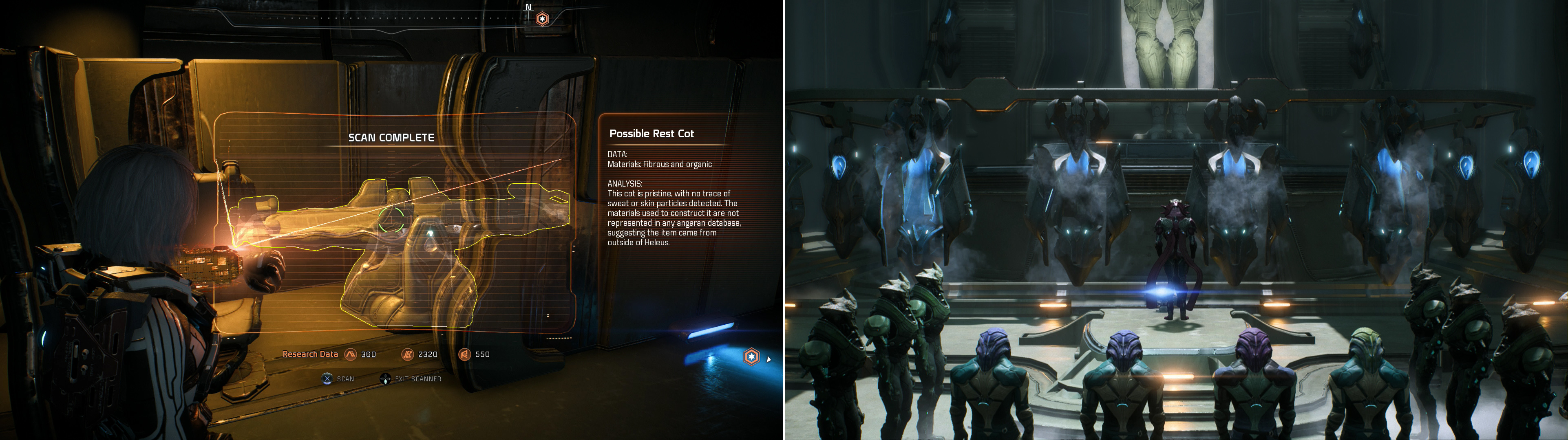 Keep your scanner handy throughout the Kett base, as there's much to learn about these aggressive aliens, and many Research Data points to earn (left). Witness an odd interaction between what appears to be a Kett religious figure and some captive Angara (right), which foreshadows revelations to come.