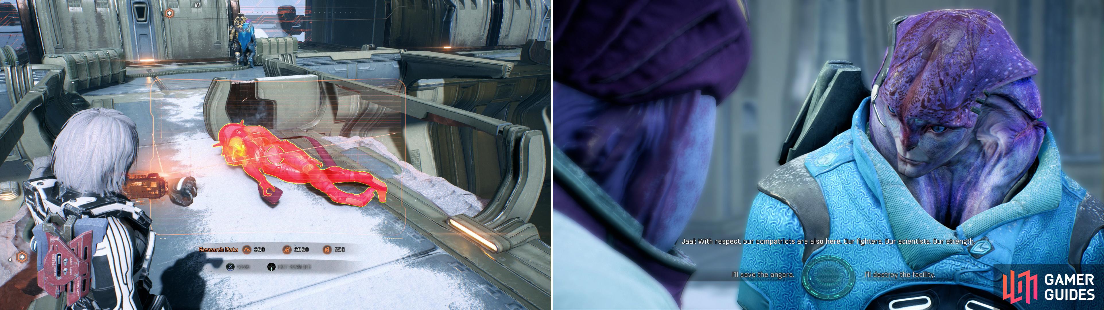 Scan the Cardinal to gain some Heleus Research Data points (left) then make a decision that will determine the fate of the installation and the Angara within it (right).