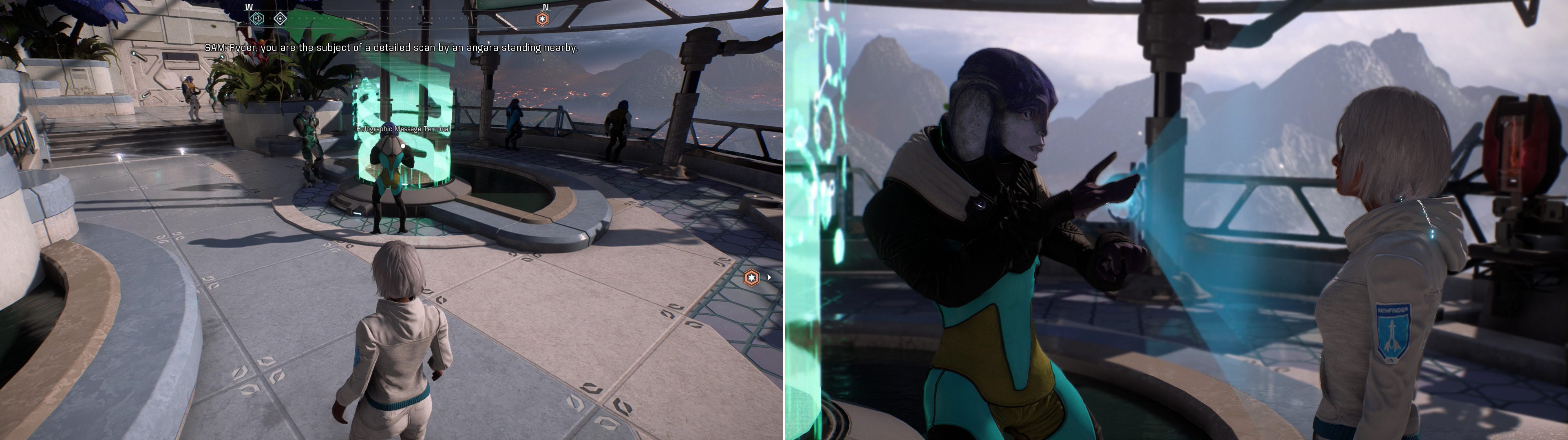 As you pass through Aya, you'll be warned of a voyeuristic scan by SAM (left). Confront the rude Angara and make an exchange of it, or just formally consent to the scanning (right).