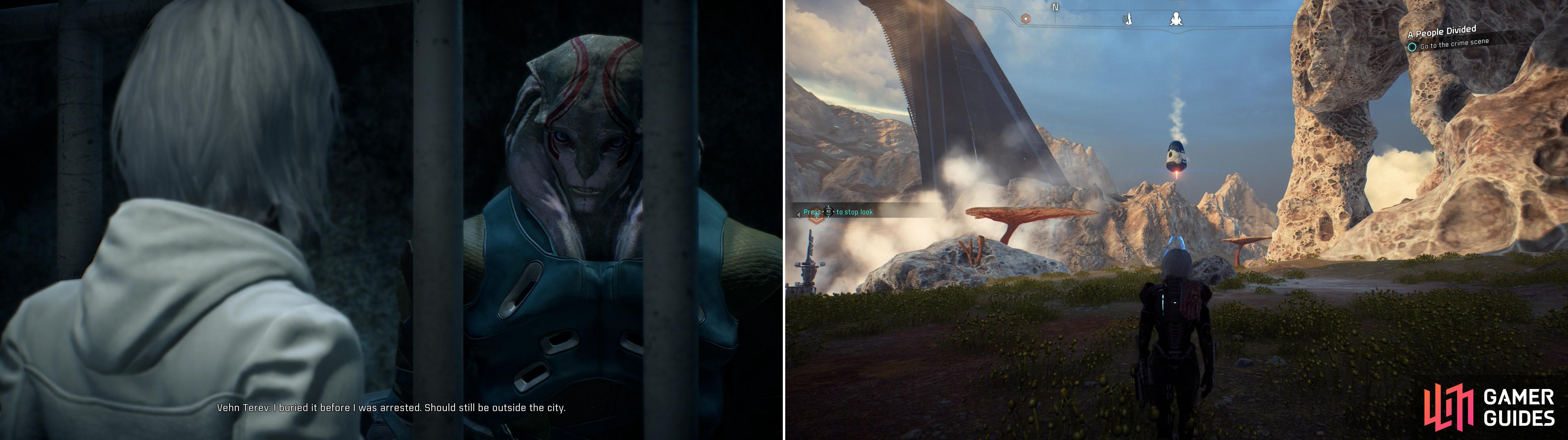 However you got there, talk to Vehn Terev to learn where you can find the info you need (left), which will require you to venture into the badlands of Kadara (right).