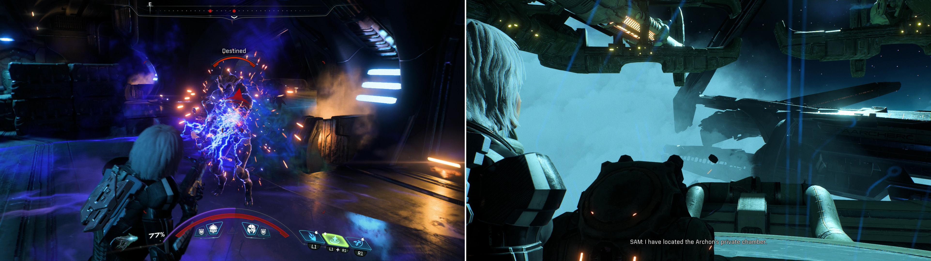 Fight the Kett that greet you when you enter the Kett ship (left) then access a terminal to learn the location of the Archons chamber (right).