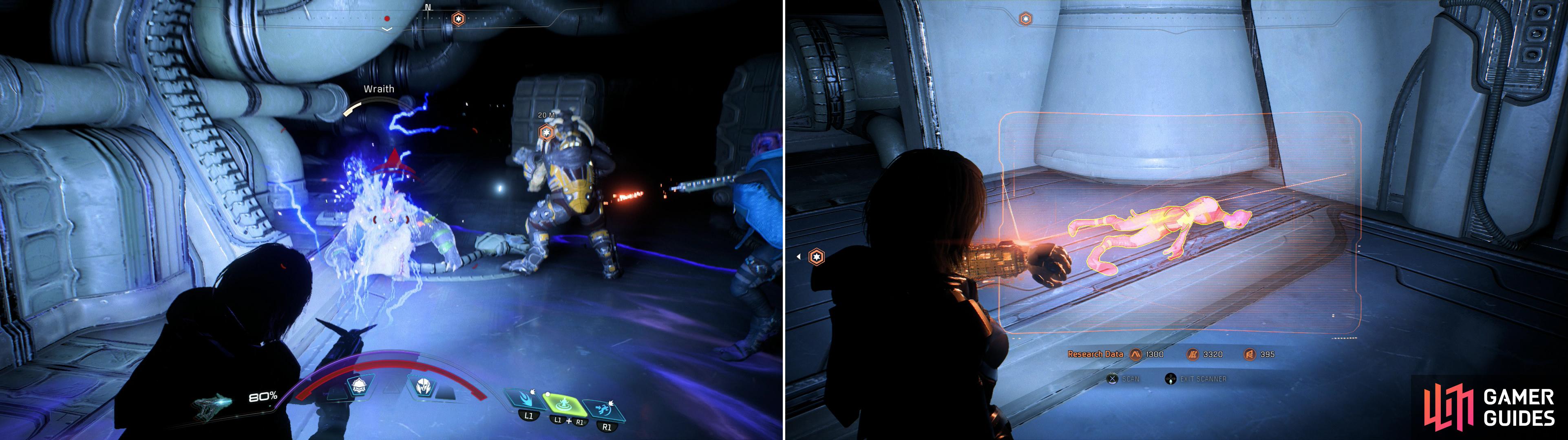 Kill the Wraith in the maintenance tunnels (left) then examine the Salarian it preyed upon (right).