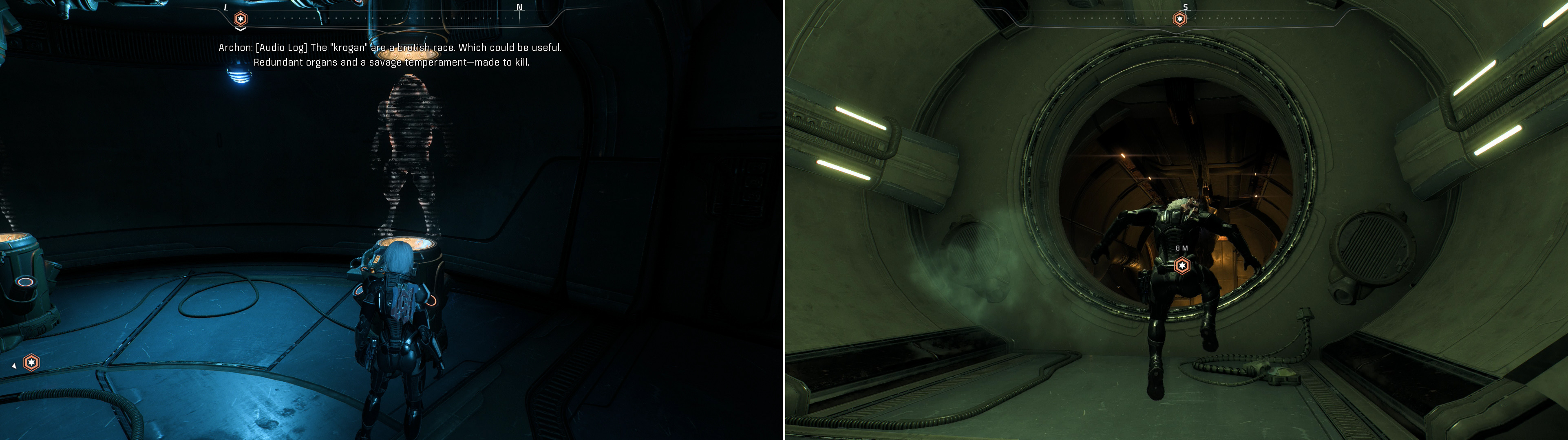 Examine some displays to witness indisputable evidence of the Archons plans for the Milky Way races (left) then leap into a circular entrace leading to the maintenance tunnels (right).