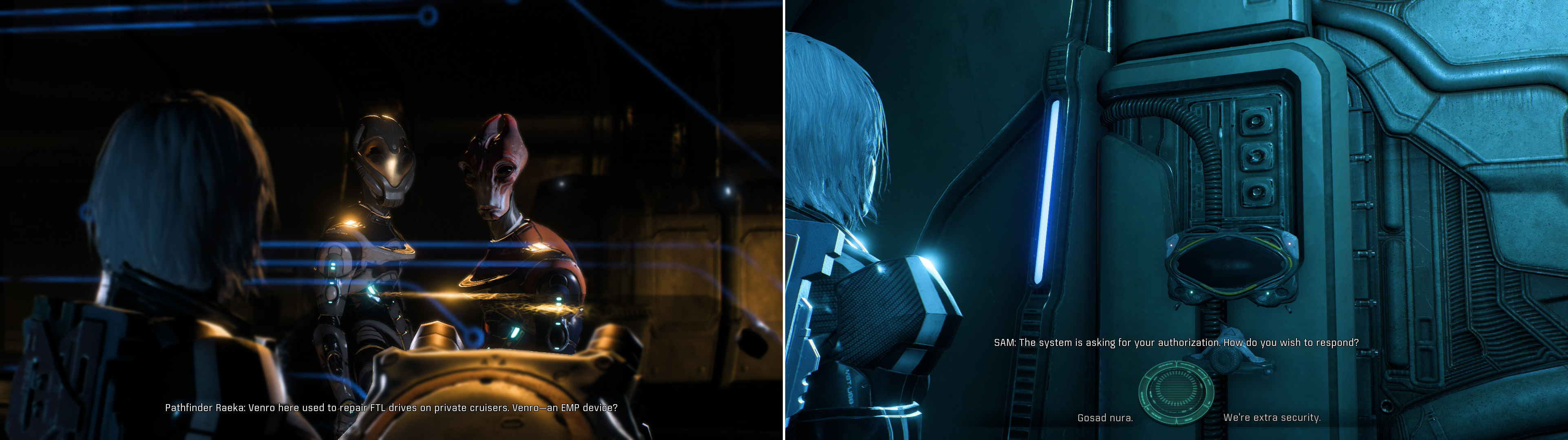 Rendezvous with Pathfinder Raeka, who fortunately has a solution for the Ketts superior firepower (left). To get deeper into the flagship, youll need to use SAM to imitate Kett vocalizations (right).