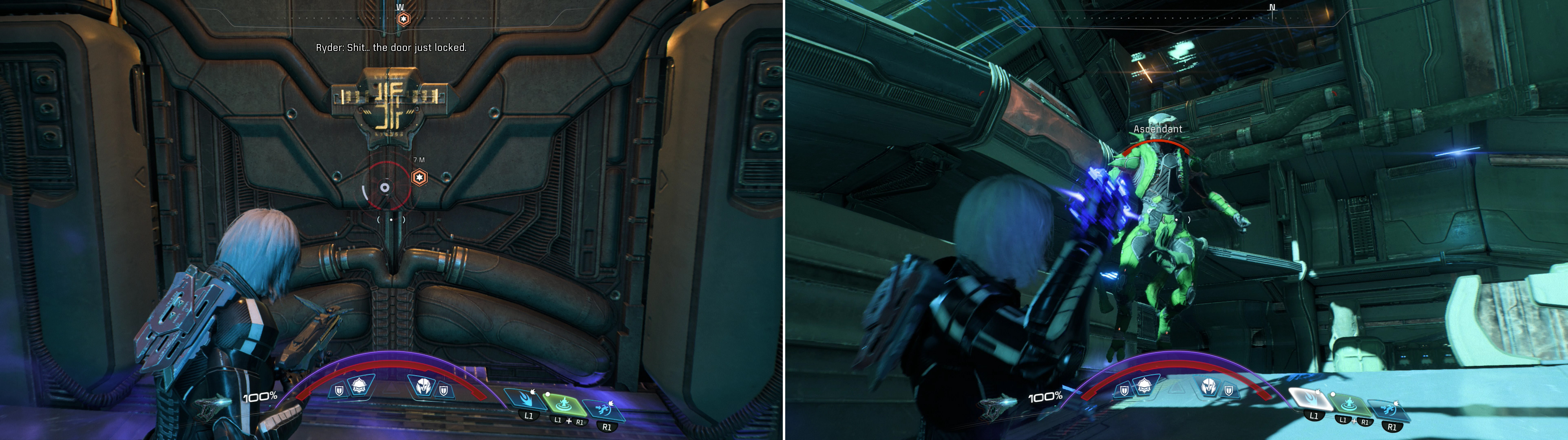As you attempt to proceed through the Gun Battery, the door out will lock in front of you (left). Fight through a horde of Kett, including an Ascendant (right).