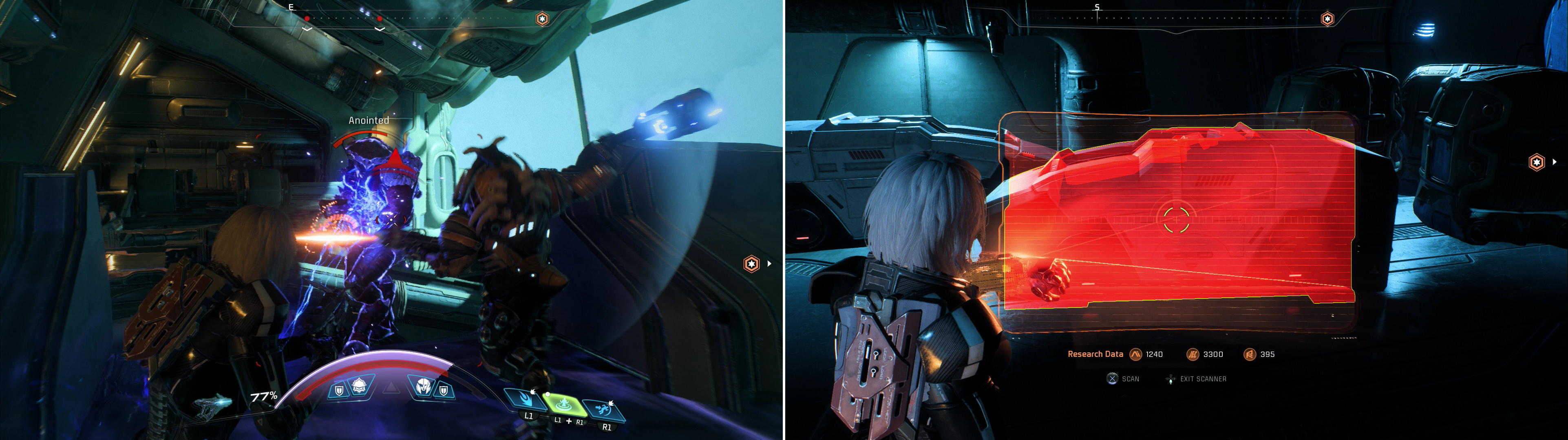 While the Kett in the Hangar are numerous, its easy enough to play defensive (left) or avoid them outright. Scan some Initiative Pods (right) only to find that they are devoid of Salarians.