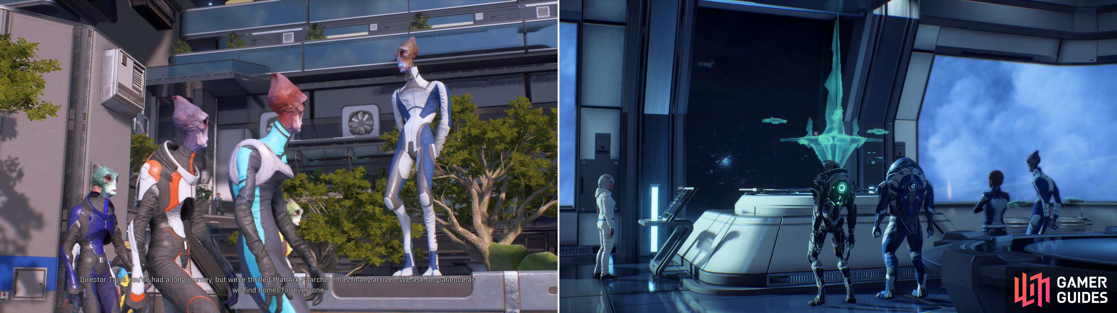 Director Tann is only too happy to welcome his fellow Salarians to the Nexus (left). Present your findings to the leaders of the Initiative, who, for the first time, balk at your plans (right).