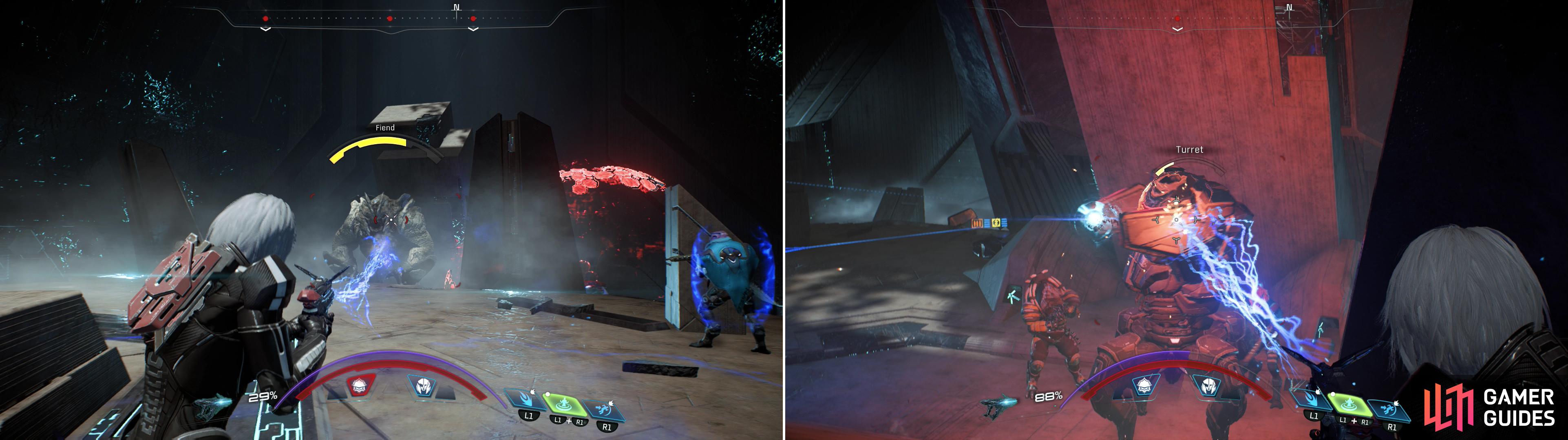 After clearing the lesser Kett out, lure the Fiend away from the Destroyer and to its doom (left). Once isolated, the Destroyer can be relatively easily destroyed (right).