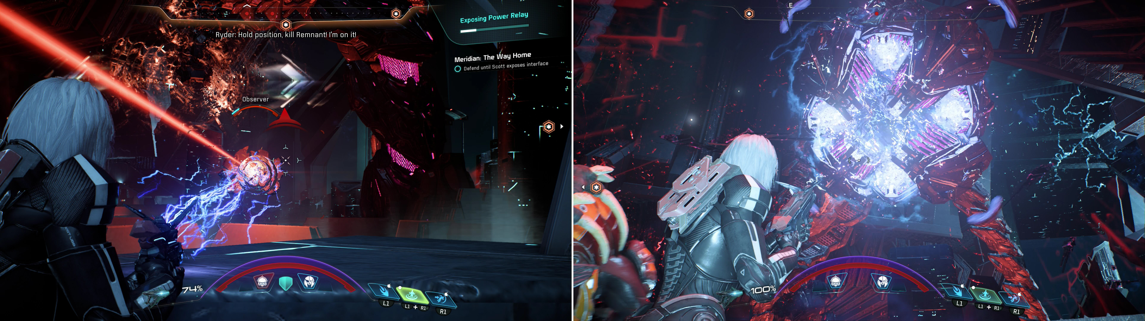 Reach the first Power Relay and fight off the Remnant that attack (left), but be wary of the Archon's charged laser, as it penetrates cover (right).