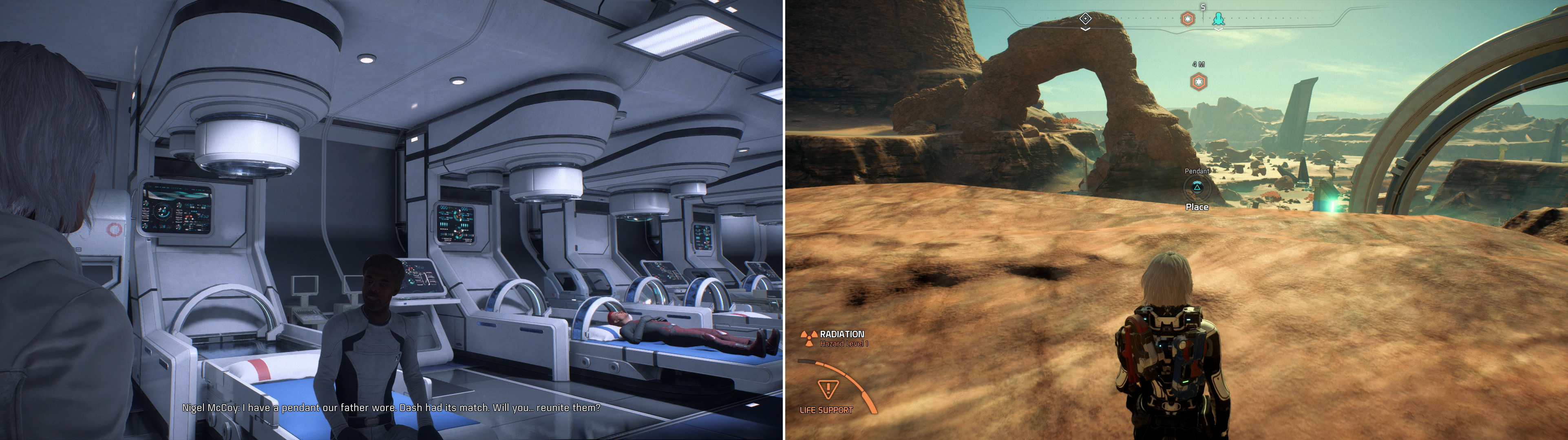 Talk to Nigel McCoy on the Hyperion (left) then fulfill his wishes and reuinite his pendant with his brothers on a hill overlooking Site 1 (right).