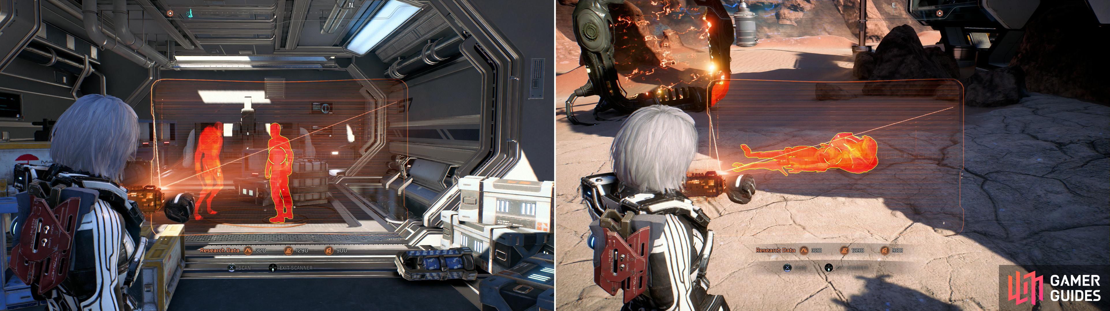 Scan domiciles in Site 2 to reconstruct the colony's final moments (left). You can also find numerous bodies scattered about for the quest "Task: Naming the Dead" (right).