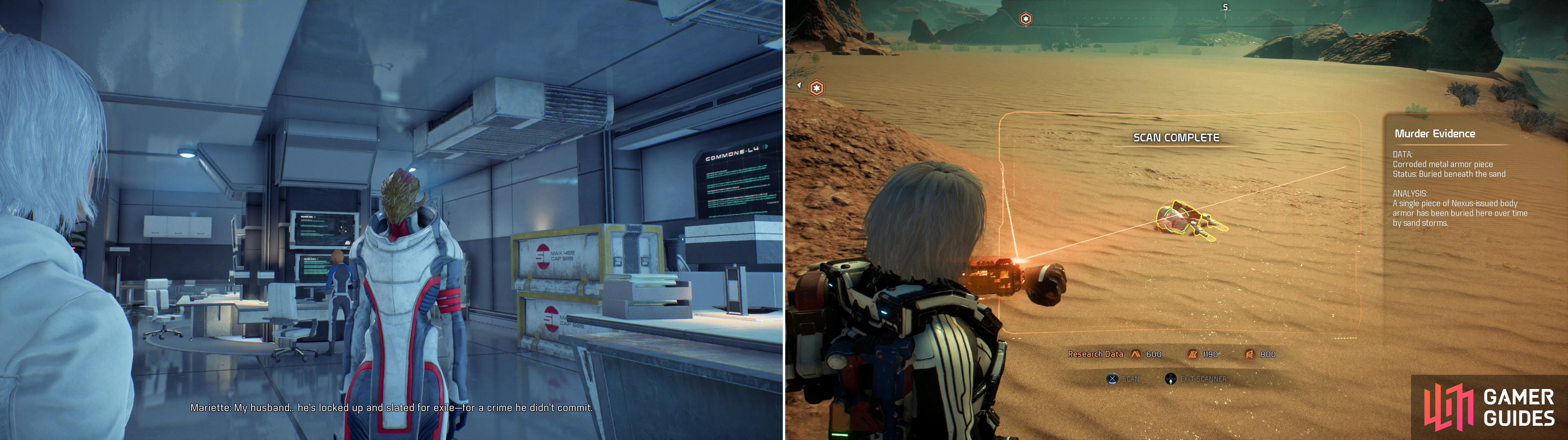 Talk to Mariette on the Nexus to learn that her husband is in dire legal straits (left). Follow up on the information you procured on the Nexus by returning to Eos and scanning murder evidence (right).