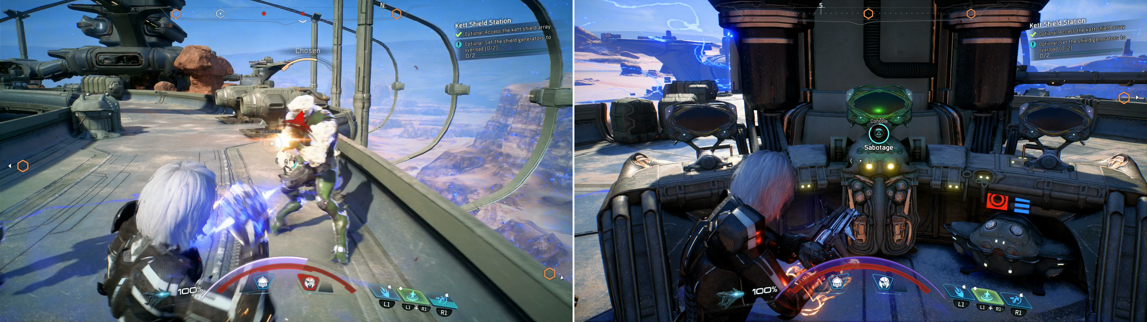 Thwart the Kett that arrive via dropship (left) and sabotage the shield generators (right) to take down the barrier around the base.