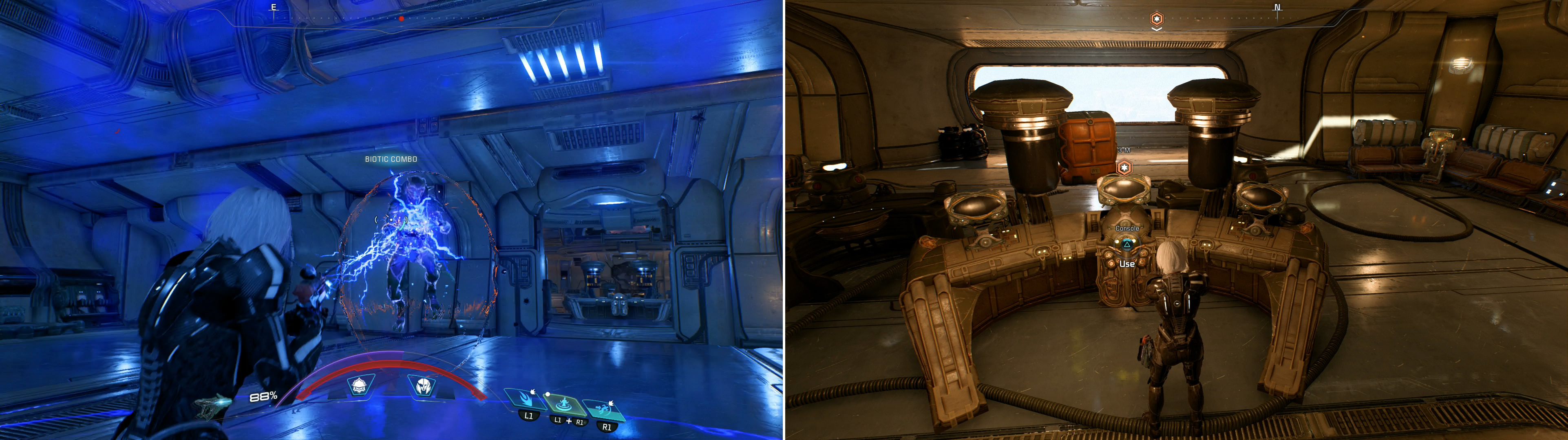 Descend to the core of the Kett base and defeat the Invictor (left) then shut the base down to end the Kett menance on Eos for good (right).