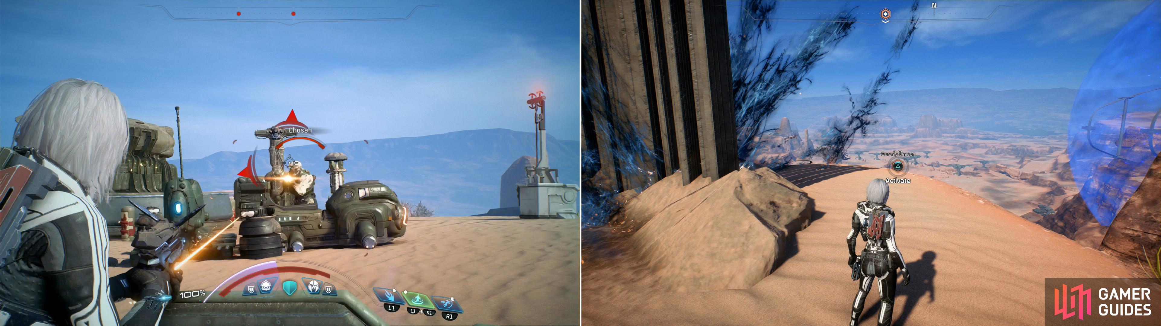 Defeat whatever foes impede your progress - one beacon is near a Kett camp (left) while another is near some Scourge-plagued Remnant ruins (right).