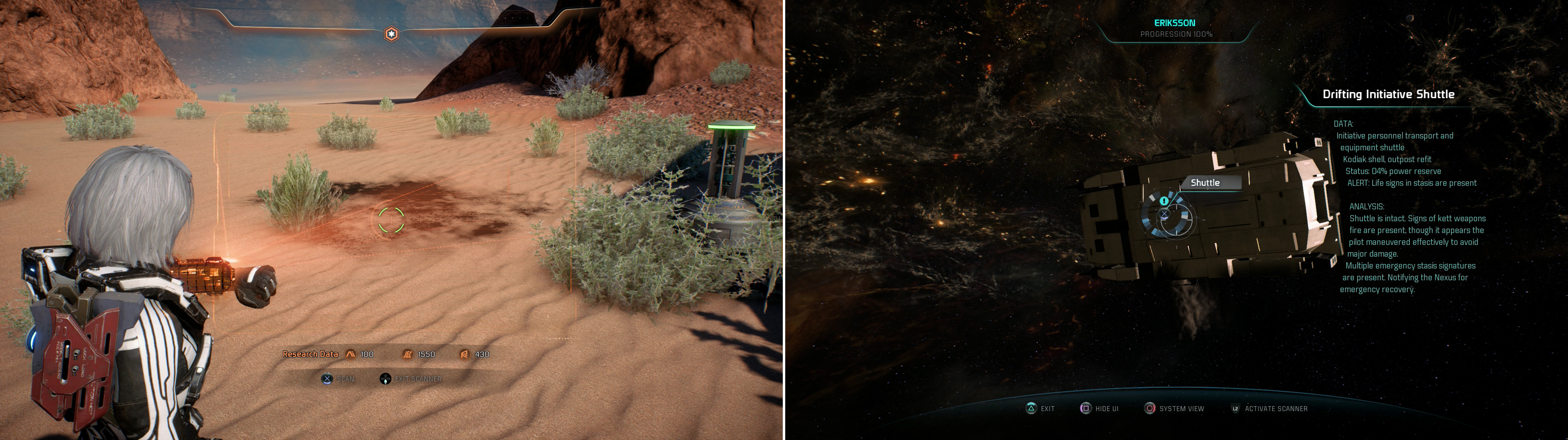 Scan the Shuttle Burn Marks at various navpoint-marked "muster sites" (left) then track down some surviving colonists in the Eriksson System (right).