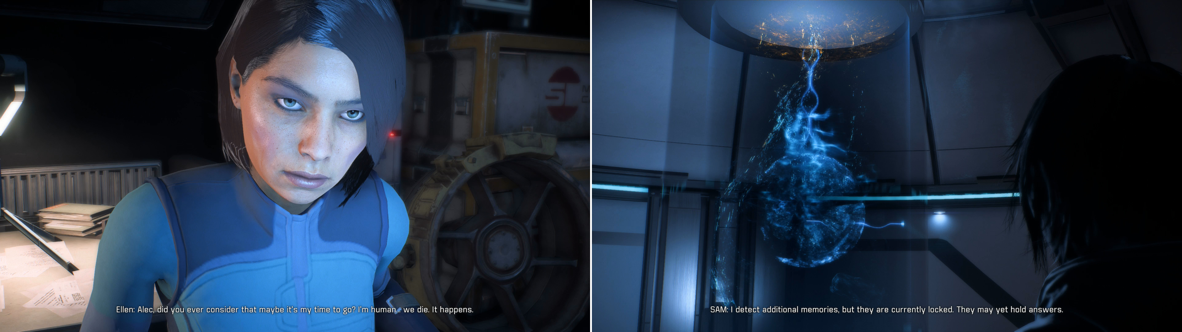 Interact with the Memory Triggers on Eos to unlock a memory, which you can view by visiting the SAM Node on the Hyperion (left). Afterwards, SAM will encourage you to continue the quest by finding more Memory Triggers on other planets (right).