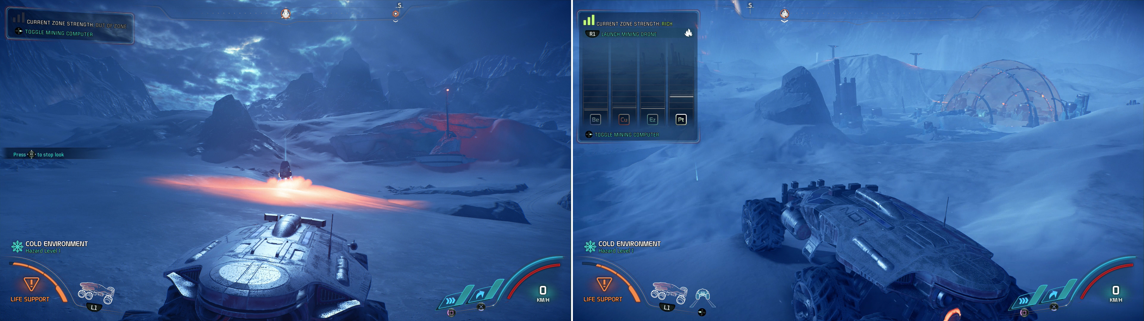 Scattered Forward Stations will provide zones of safety amidst Voeld's harsh weather (left) and the planet is unusually abundant in valuable resources (right).