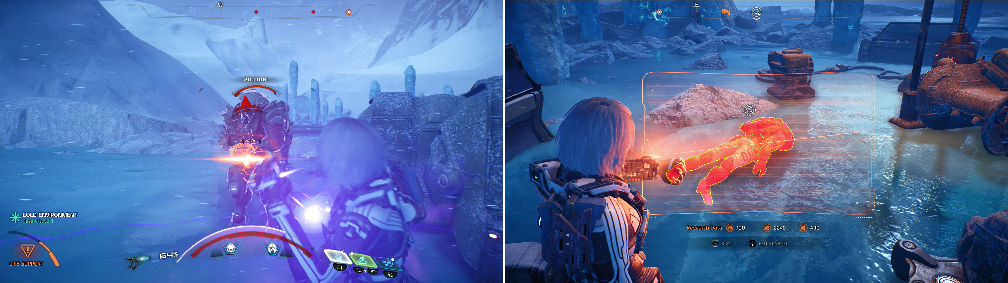 As you explore Voeld, raid unmarked Kett camps (left) and with luck youll find randomly spawning Angaran corpses you can scan (right).