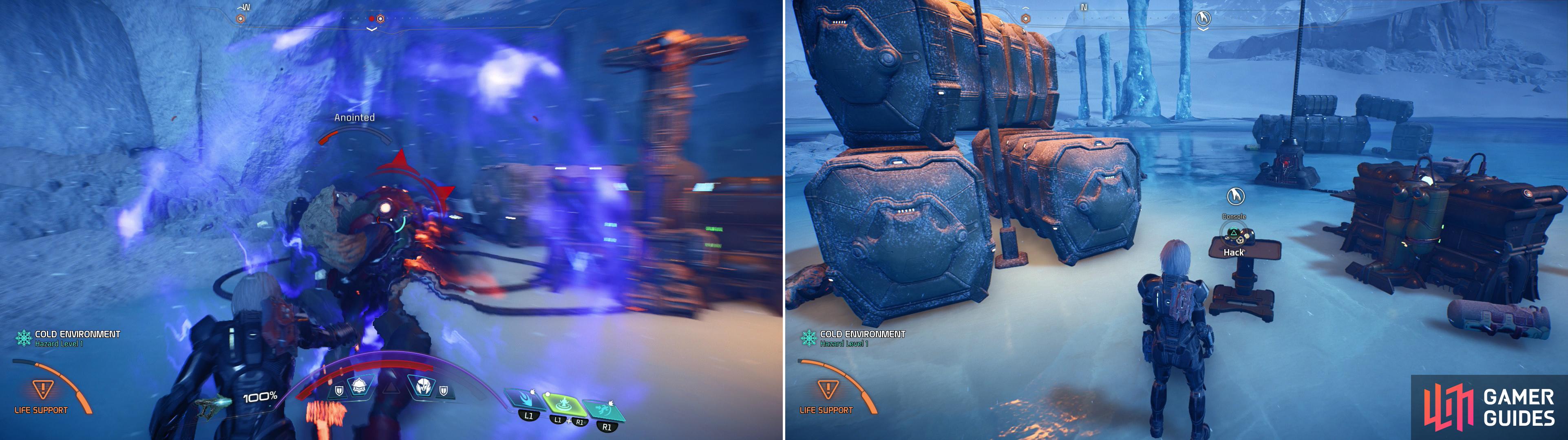 Clear out unmarked Kett camps (left) and search for randomly-spawning consoles (right) to start and advance this quest.