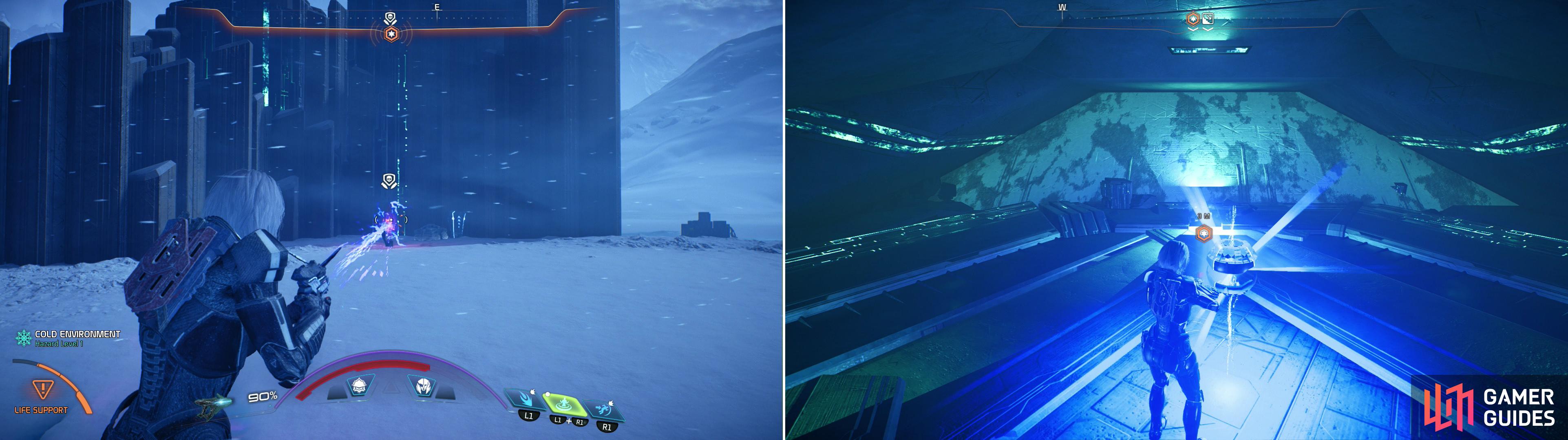 Destroy the Kett Devices randomly found near unmarked Remnant ruins (left) until you get a navpoint that leads you to a large, underground Remnant structure (right).