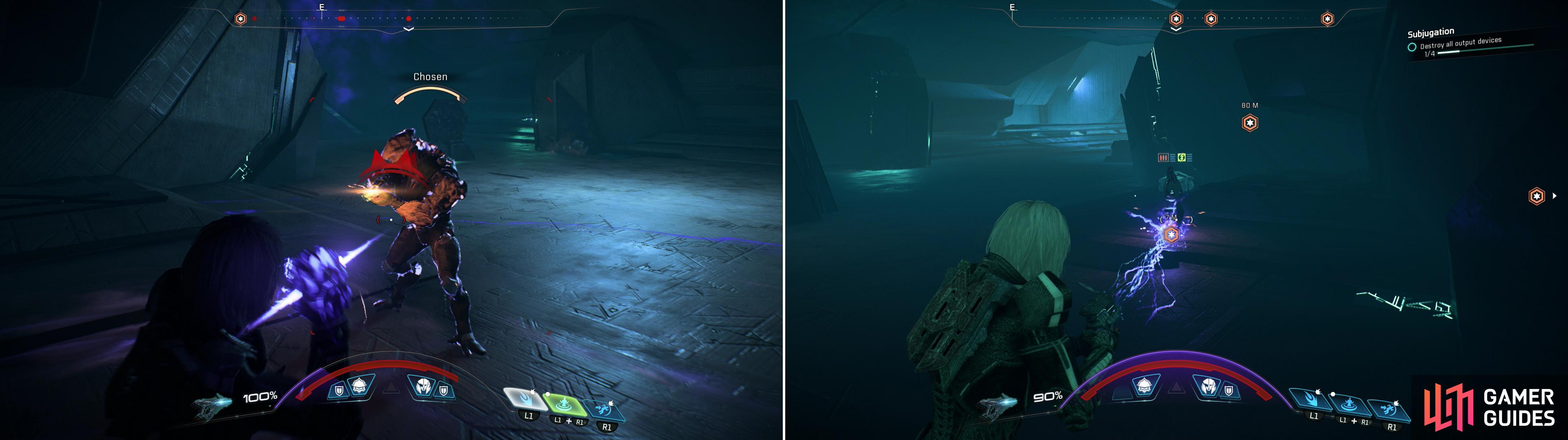 Kill any Kett you find in the Remnant ruins (left) and destroy their Output Devices (right).