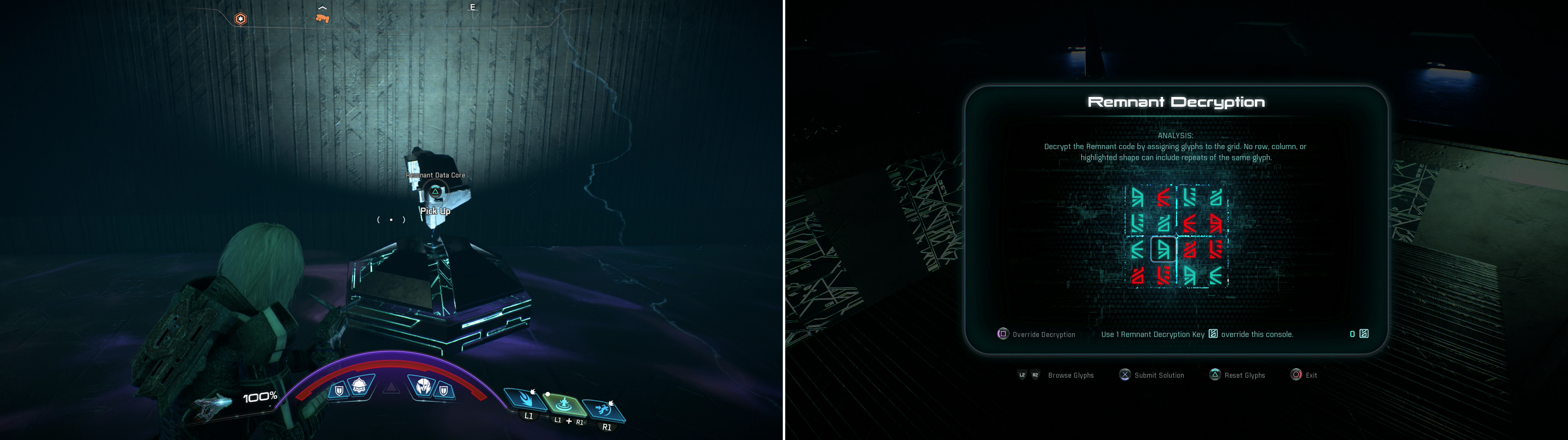 Grab the Remnant Data Core (left) and scan some glyphs to solve the Remnant puzzle (right).