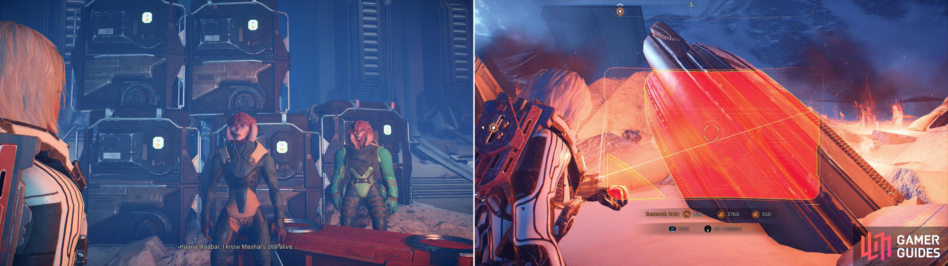 Talk to Haana at the Resistance Base to find out about her friend Mashal (left), then scan the ruins of the weapon's depot she destroyed (right).