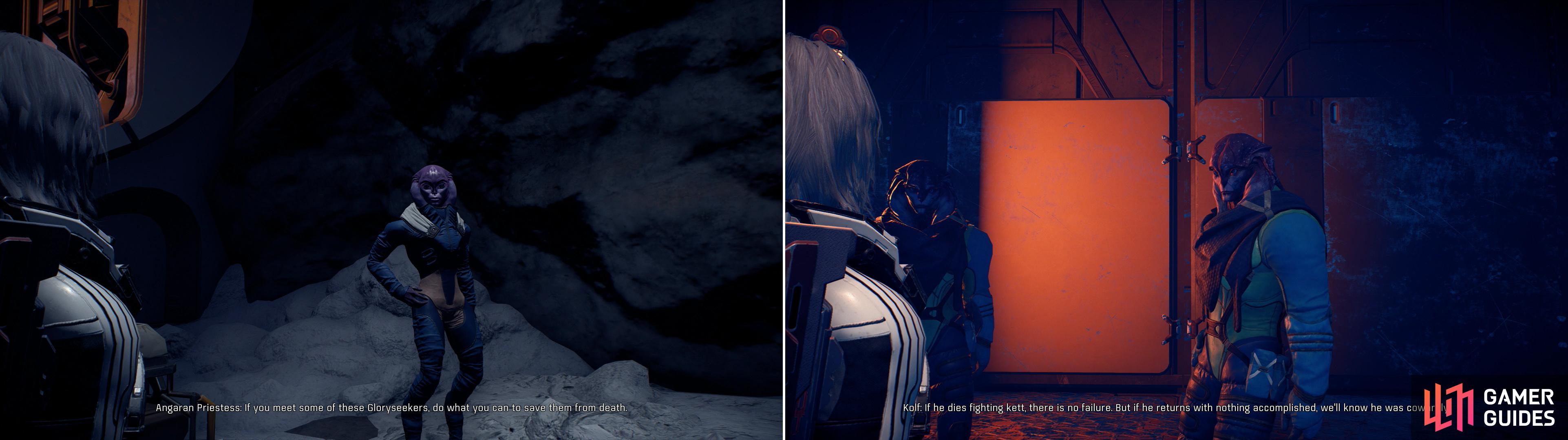 Talk to the Angaran Priestess in the Resistance Base (left) then head to the Techiix Station to find the aforementioned Gloryseekers (right).